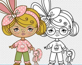 Easter Digital Stamp, Coloring page, Cute Girl digistamp, Stamp for Cardmaking and Scrapbooking, Digistamp
