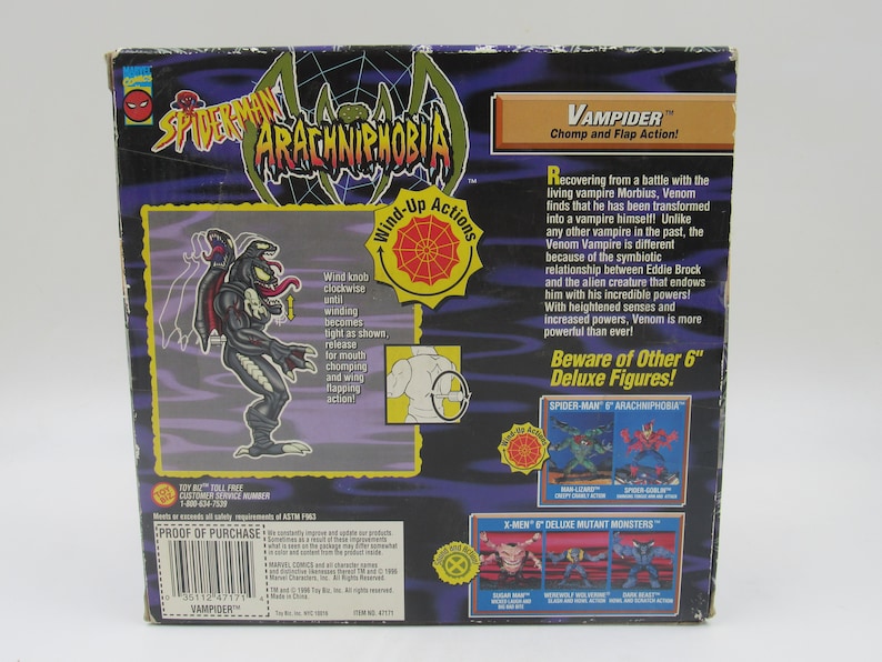May include: A black and red action figure of Venom, a Spider-Man villain, in a vampire form. The figure has a wind-up action feature. The packaging features the text "VAMPIDER" and "Chomp and Flap Action!" The back of the box shows other action figures from the Spider-Man and X-Men series.