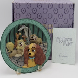 May include: A decorative plate featuring characters from "Lady and the Tramp." The plate has a green border and depicts the dogs in a detailed, colorful design. A box and a card with the movie title are also visible.