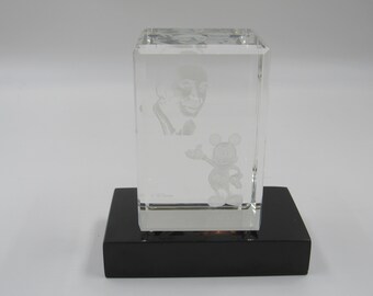 Arribas Disney Mickey and Walt Disney Portrait Crystal Cube RARE Limited w/Base