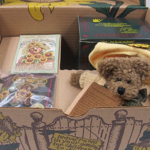 Puede incluir: Un oso de peluche marrón con un sombrero amarillo y un suéter de punto está sentado en una caja de cartón. La caja está decorada con girasoles y el texto "deja espacio en tu jardín para que los niños sueñen". La caja también contiene un paquete de semillas de girasol, un pequeño pin y un certificado de autenticidad.