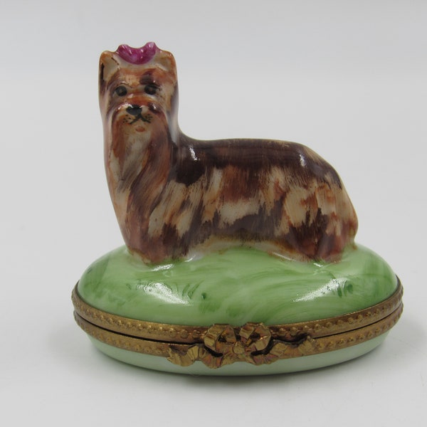 Limoges Dog Yorkshire Terrier with Box Trinket Box Peint Mein Initialed CM France