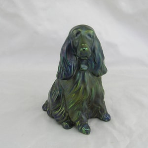 Zsolnay Eosin Cocker Spaniel Dog Figurine, Iridescent Dark Green, Hungary