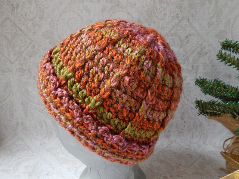 MediumLarge Ribbed Crochet Hat in Variegated Orange Pink and Green Acrylic Yarn Crocheted Beanie Hat for Women
