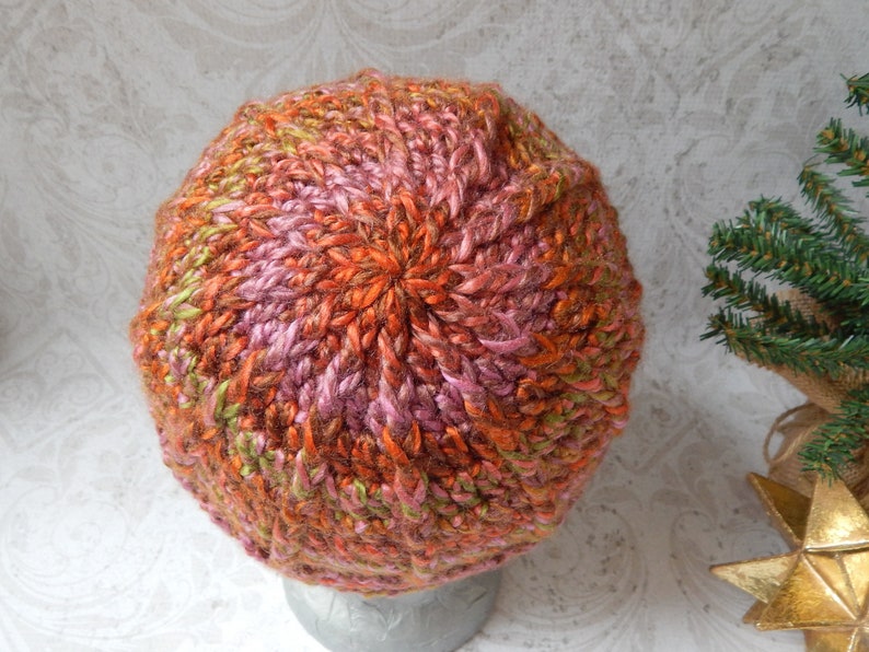 MediumLarge Ribbed Crochet Hat in Variegated Orange Pink and Green Acrylic Yarn Crocheted Beanie Hat for Women