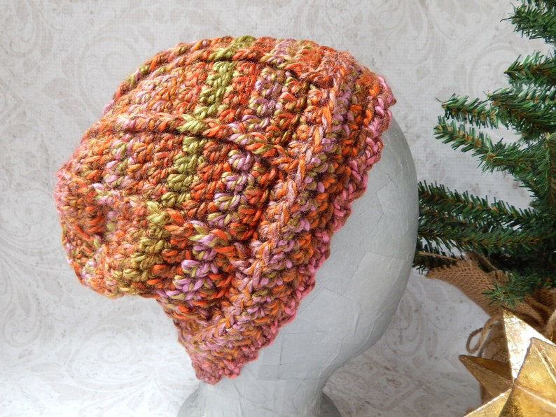 MediumLarge Ribbed Crochet Hat in Variegated Orange Pink and Green Acrylic Yarn Crocheted Beanie Hat for Women