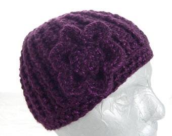 Purple Crocheted Beanie Hat for Women or Girls with Flower, Handmade Winter Hat, Acrylic/Poly Blend, Small