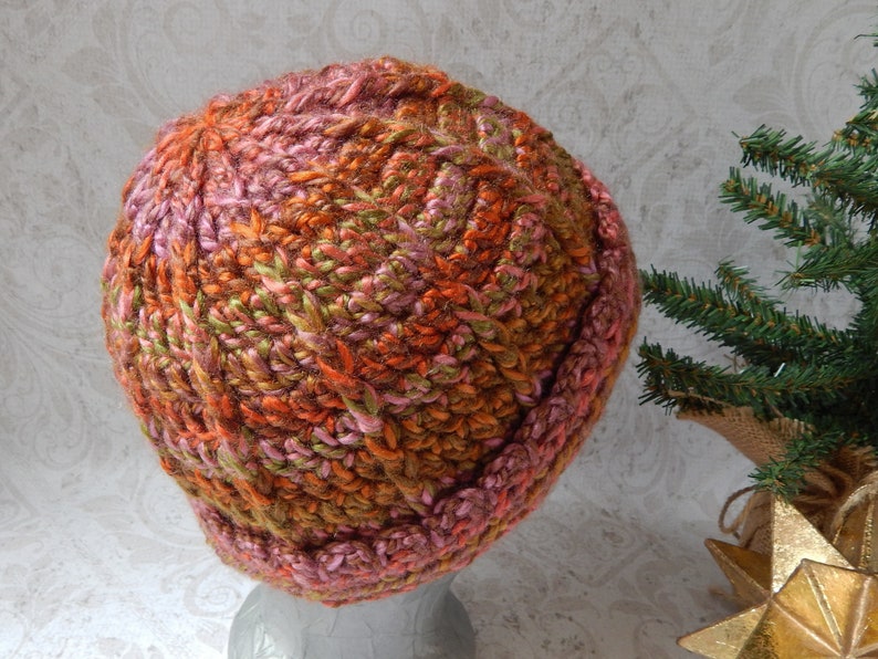 MediumLarge Ribbed Crochet Hat in Variegated Orange Pink and Green Acrylic Yarn Crocheted Beanie Hat for Women