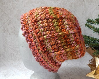 Crocheted Beanie Hat for Women, Ribbed Crochet Hat in Variegated Orange Pink and Green, Acrylic Yarn, Medium/Large