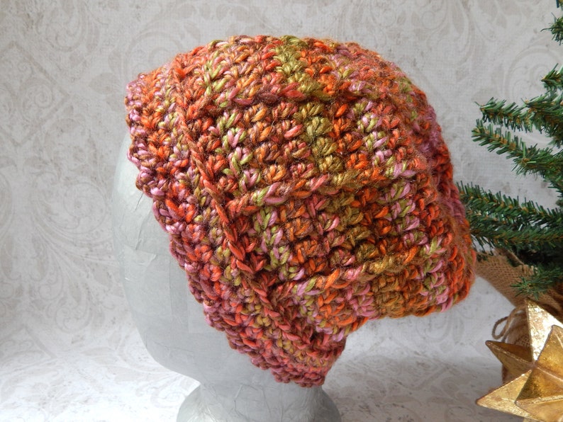 MediumLarge Ribbed Crochet Hat in Variegated Orange Pink and Green Acrylic Yarn Crocheted Beanie Hat for Women