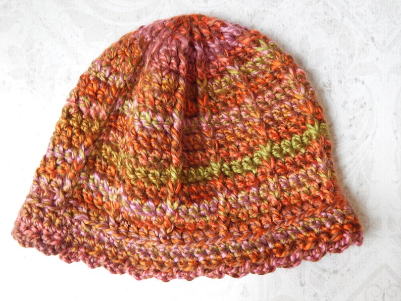 MediumLarge Ribbed Crochet Hat in Variegated Orange Pink and Green Acrylic Yarn Crocheted Beanie Hat for Women