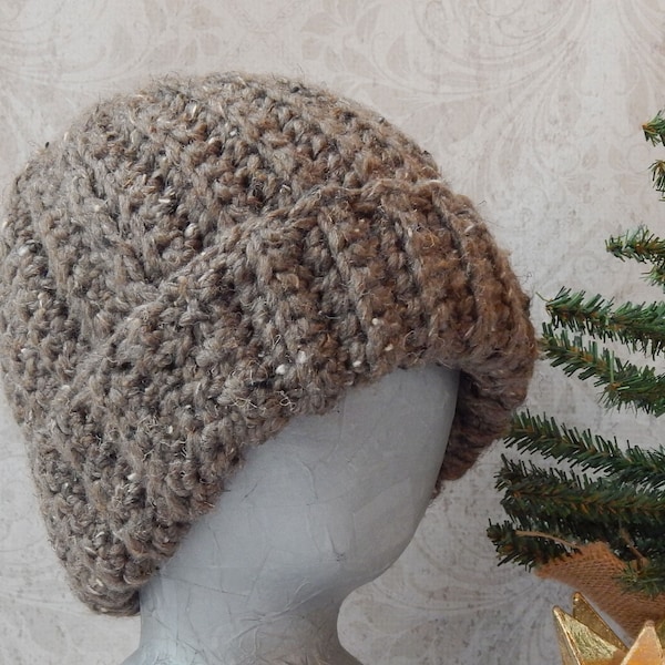 Chunky Winter Unisex Toboggan Hat in Brown Barley Tweed Acrylic/Wool Blend Yarn, Handmade Crocheted Ribbed Hat, Women's Medium Large