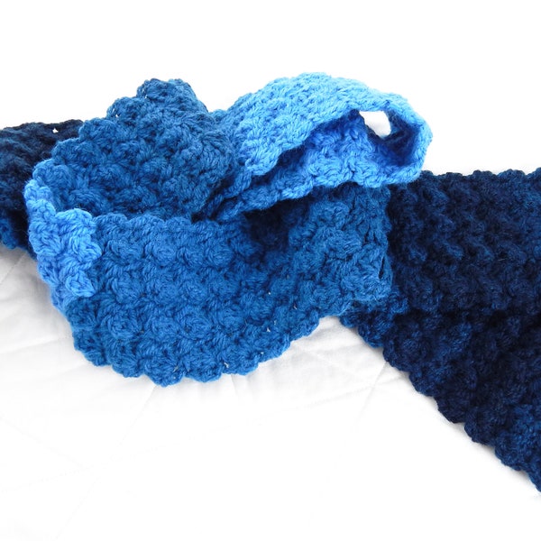 Winter Scarf for Women or Girls, Handmade Crocheted Scarf or Muffler in Blue Self-Striping Acrylic/Wool Yarn, 1 Size Fits All