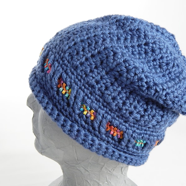 Slouchy Hat for Women or Girls, Crocheted Hat in Blue Acrylic Yarn with Multicolor Ribbon Band, Small