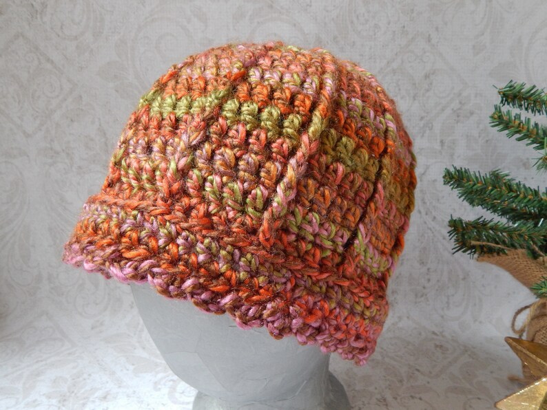 MediumLarge Ribbed Crochet Hat in Variegated Orange Pink and Green Acrylic Yarn Crocheted Beanie Hat for Women