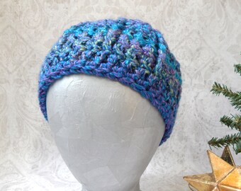 Crocheted Beanie Hat for Women or Girls, Handmade Winter Hat in Variegated Blues and Yellow Sunburst at Top, Acrylic Yarn, Medium