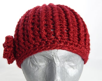 Red Crocheted Hat with Flower for Women or Girls, Handmade Red Hat with Red Flower, Acrylic/Poly Blend Yarn, Small