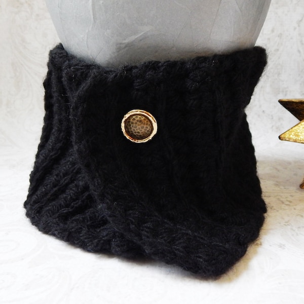Chunky Crocheted Cowl or Neck Warmer for Women with Gold Button, Ribbed Winter Cowl in Black Acrylic/Merino Wool