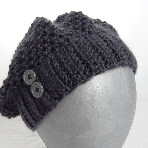 Women's Slouchy Beret Hat in Dark Charcoal Gray with Gray Buttons, Crocheted Beret Tam in Acrylic / Wool Yarn, Medium