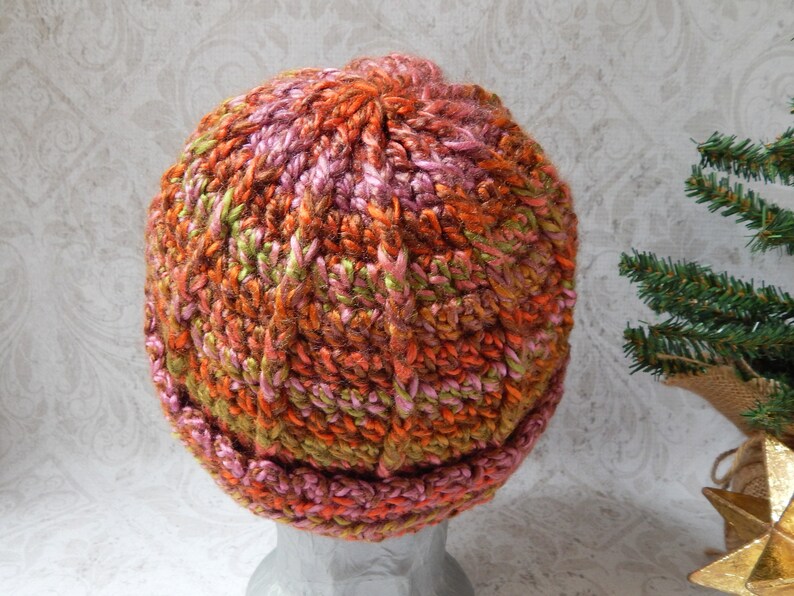 MediumLarge Ribbed Crochet Hat in Variegated Orange Pink and Green Acrylic Yarn Crocheted Beanie Hat for Women