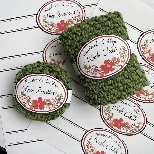 Printable Crochet Spa Set Labels, Cigar band style, spring flowers, wash cloth, face scrubbies