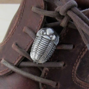 May include: A close-up of a brown leather boot with a silver trilobite charm on the laces.