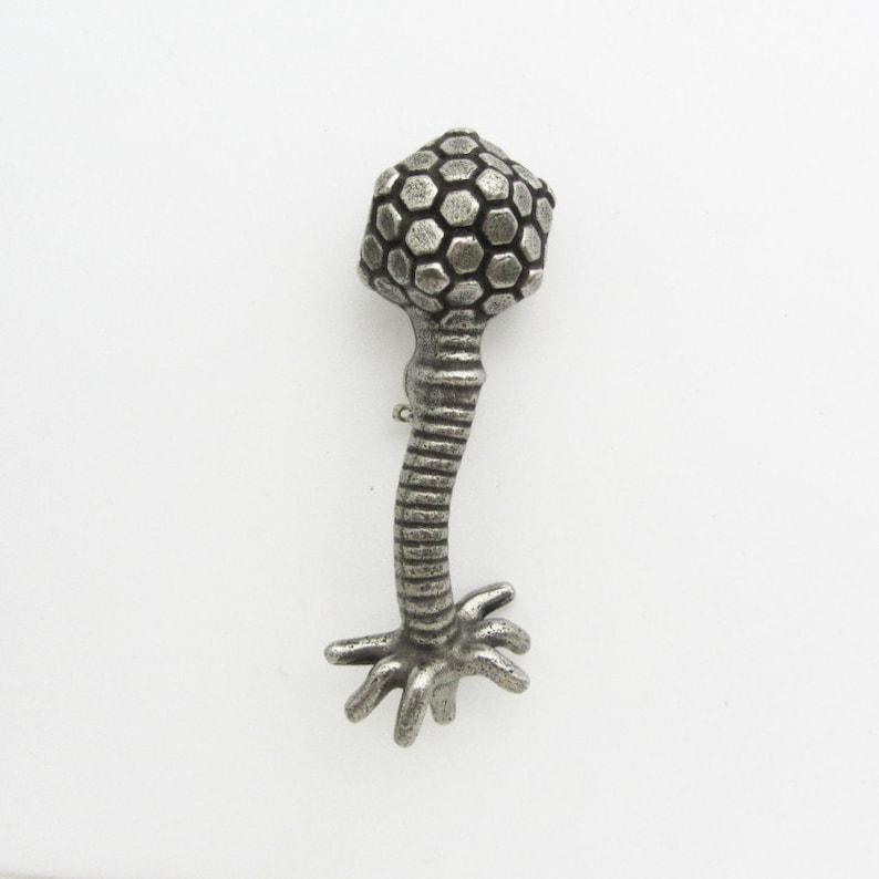 Może przedstawiać: Srebrna metalowa broszka w kształcie wirusa bakteriofaga. Broszka ma sześciokątną głowę, żebrowany trzon i podstawę z wieloma mackami. Projekt jest szczeg&oacute;łowy i tr&oacute;jwymiarowy.