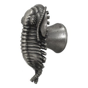 May include: A detailed, antique-style cabinet knob in the shape of a trilobite fossil. The knob is cast in a silver-toned metal, featuring intricate textures and a rounded back for easy gripping. This unique hardware adds a touch of vintage charm.