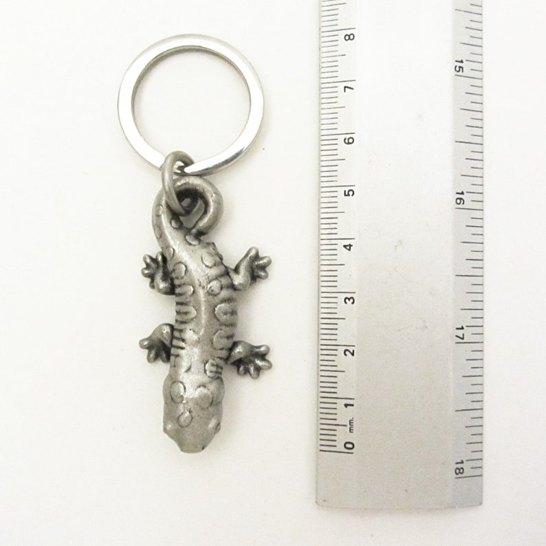 May include: A silver-coloured metal keyring featuring a detailed lizard pendant. The lizard has a textured body and four small feet. The keyring includes a metal ring for attaching keys. The lizard pendant measures approximately 5 cm in length.
