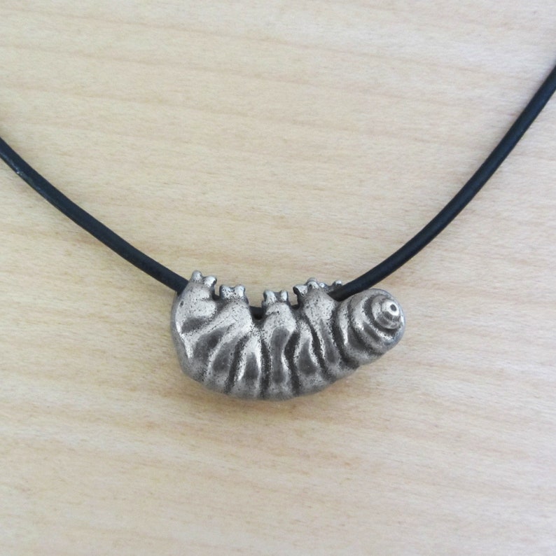 May include: A silver-colored pendant necklace featuring a detailed, stylized caterpillar design. The pendant is suspended from a thin, black cord. The caterpillar has segmented body and textured details.