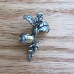 May include: A silver-toned metal earring in the shape of a branch with leaves and an acorn. The acorn has a gold-colored cap. The earring is set against a wooden background.