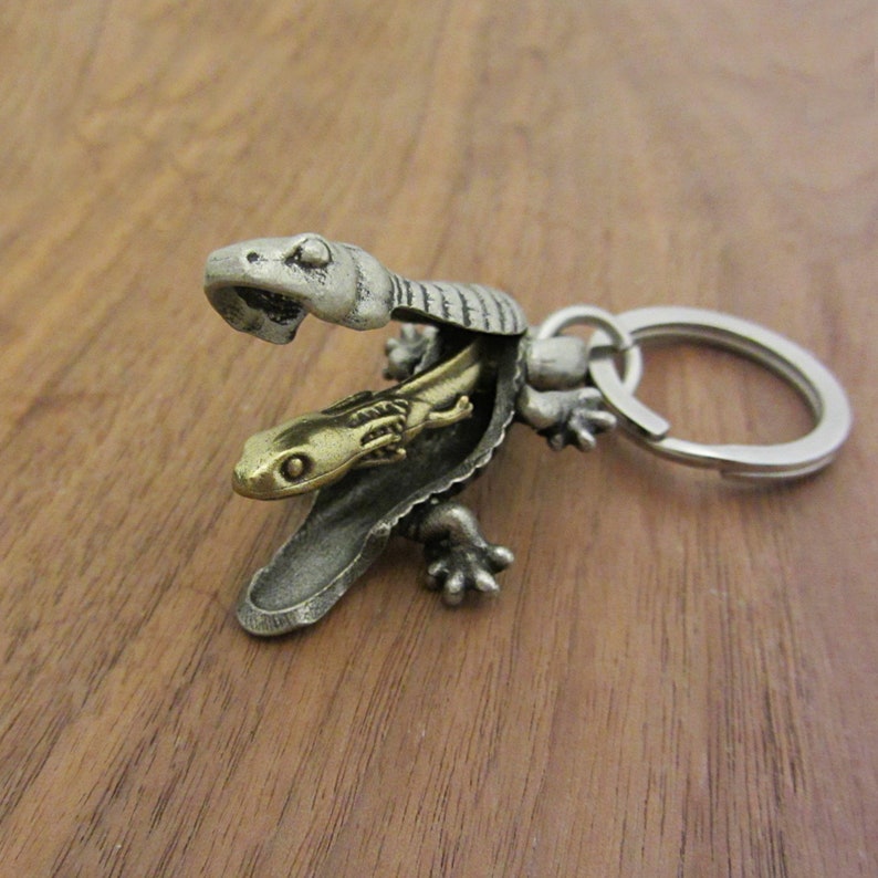 May include: A detailed metal keyring featuring a lizard design. The keyring has a silver-coloured outer lizard with a gold-coloured lizard inside. The keyring includes a silver-coloured ring.