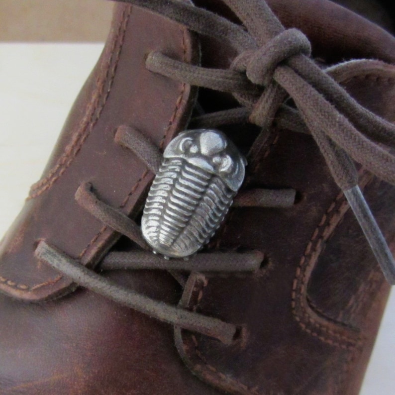 May include: A close-up of a brown leather boot with a silver trilobite charm on the laces.