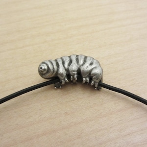 May include: A silver-colored caterpillar pendant on a black cord. The caterpillar has segmented body and tiny legs. The pendant is approximately 1.5 inches long.
