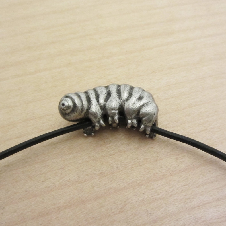 May include: A silver-colored caterpillar pendant on a black cord. The caterpillar has segmented body and tiny legs. The pendant is approximately 1.5 inches long.