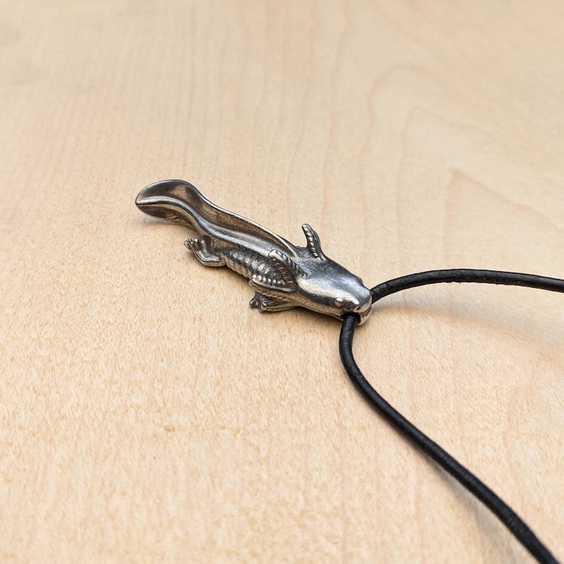 May include: A silver-colored axolotl pendant on a black cord necklace. The pendant is detailed with textured scales and fins. The necklace is displayed on a light brown wooden surface.