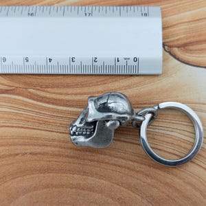 Puede incluir: Un llavero de metal plateado con un dije detallado en forma de cr&aacute;neo de primate. El cr&aacute;neo est&aacute; colocado junto a una regla blanca, mostrando que el dije mide aproximadamente 3,2 cm de largo. El llavero incluye una argolla met&aacute;lica circular.