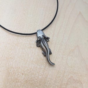 May include: A silver-colored pendant necklace featuring a stylized salamander design. The pendant is suspended from a thin, black cord. The salamander has detailed features, including legs and a tail. The background is a light brown wooden surface.