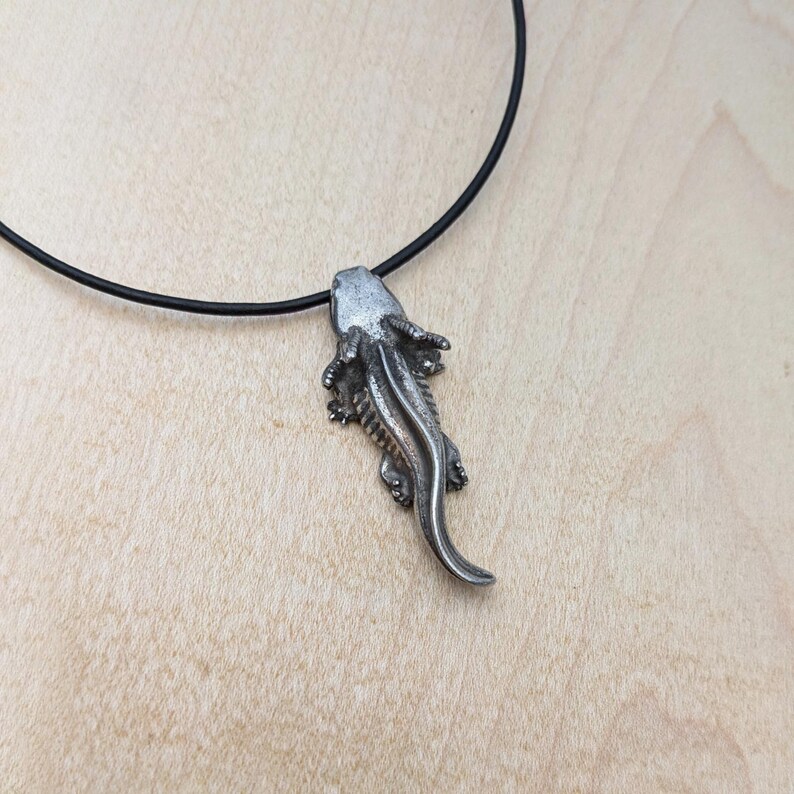 May include: A silver-colored pendant necklace featuring a stylized salamander design. The pendant is suspended from a thin, black cord. The salamander has detailed features, including legs and a tail. The background is a light brown wooden surface.