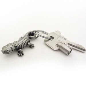 May include: A silver metal lizard keyring with a detailed, textured design. The lizard charm is attached to a key ring with two silver keys. The image is set against a white background.