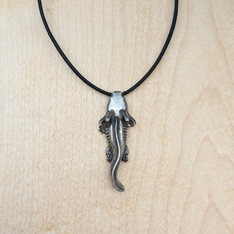 May include: A silver-colored pendant in the shape of an alligator or crocodile, suspended from a black cord necklace. The pendant has detailed features, including the head, legs, and tail. The necklace is displayed against a light-colored wooden background.