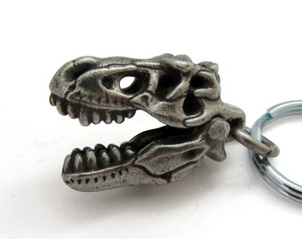 T-rex, Dinosaur Skull clip Keychain - Pewter Tyrannosaurus rex, Fossil Clip Keychain