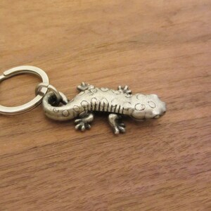May include: A silver-coloured metal keyring with a detailed lizard design. The lizard has a textured body with dot and line patterns, and is attached to a silver key ring. The background is a wooden surface.