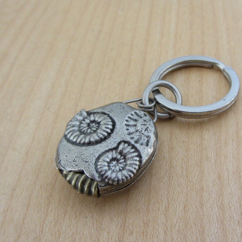 May include: A silver-colored keychain featuring a fossil design. The fossil is oval-shaped with three spiral imprints. The keychain has a silver ring for attaching keys. The fossil design is a unique and eye-catching accessory.