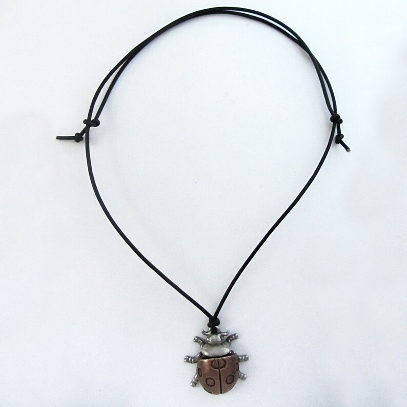 May include: A necklace featuring a metal ladybug pendant with silver and copper tones, suspended from a black cord. The ladybug has detailed wings and body segments. The cord is adjustable.