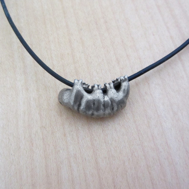 May include: A silver-toned sloth pendant necklace. The sloth charm is detailed and hangs from a black cord. The necklace is displayed on a light wood surface.
