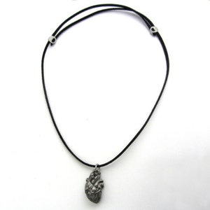 May include: A silver anatomical heart pendant on a black cord necklace.