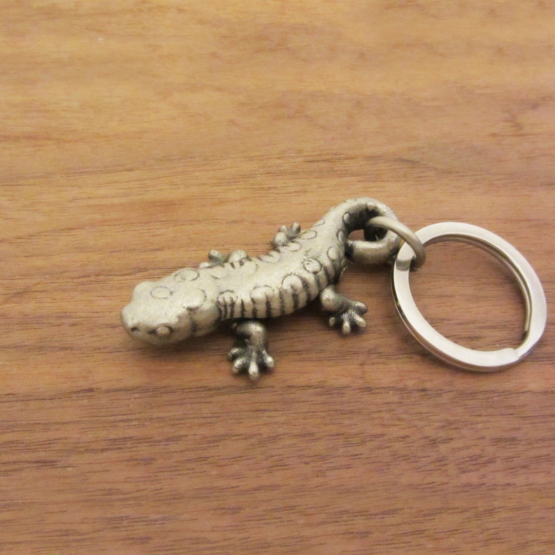 May include: A silver metal lizard keychain. The lizard has a detailed design and is attached to a silver key ring. The keychain is displayed on a wooden surface. The lizard measures approximately 7 cm in length.