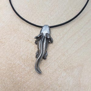 May include: A silver-colored pendant in the shape of a tadpole, suspended from a black cord necklace. The pendant features detailed textures and a curved tail. The necklace is displayed against a light-colored background.
