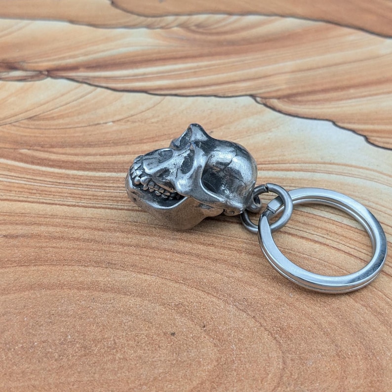 Puede incluir: Un llavero de metal plateado con un dije tridimensional detallado de un cr&aacute;neo de primate. El cr&aacute;neo est&aacute; unido a una anilla met&aacute;lica circular y muestra caracter&iacute;sticas anat&oacute;micas realistas, incluyendo cuencas oculares, mand&iacute;bula y dientes.